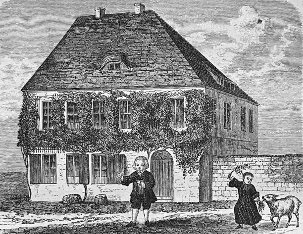 Gotthold Ephraim Lessing as a kid in front of his birthplace Illustration from 19th century. gotthold ephraim lessing stock illustrations