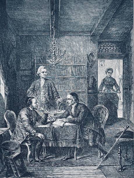 Lessing discussing with Mendelsohn and Lavater Illustration from 19th century. gotthold ephraim lessing stock illustrations