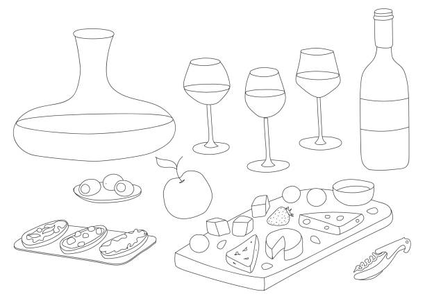 illustrazioni stock, clip art, cartoni animati e icone di tendenza di doodle cartone animato in stile linea bianca e nera illustrazione vettoriale. una natura morta o set con varietà di bicchieri, decanter, bottiglia e antipasti come formaggio o olive. per gli annunci di menu del ristorante del wine bar. - decanter white red black