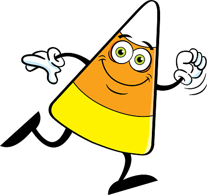 Cartoon illustration of a smiling candy corn running.