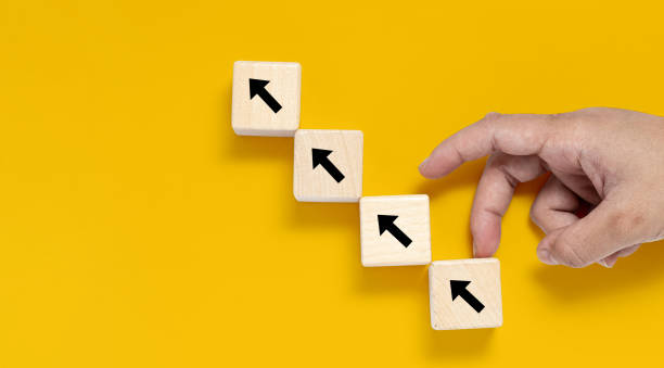A square wooden block is placed on a yellow background, on the wooden block showing an up arrow and a hand doing an upward motion. banner with copy space for text, poster, mockup template. un bloque cuadrado de madera se coloca sobre un fondo amarillo, en el bloque de madera que muestra una flecha hacia arriba y una mano haciendo un movimiento hacia arriba. banner con espacio de copia para texto, póster, plantilla de maqueta.