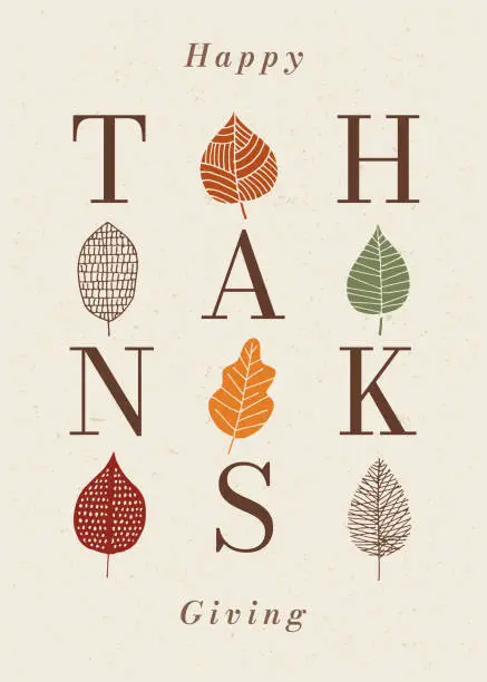 Vector illustration of Happy Thanksgiving card with autumn leaves.