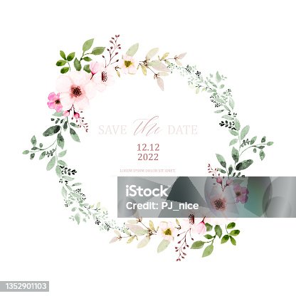 istock Watercolor wreath design with pink flowers and leaves 1352901103