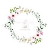 istock Watercolor wreath design with pink flowers and leaves 1352901103