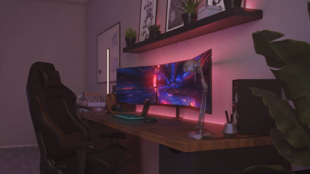 istock Games room with a cyber gamer computer. 3d render of neon lighting 1352901605