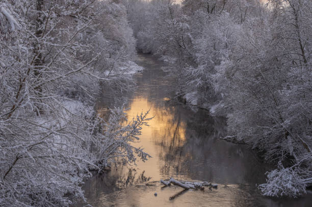 istock Small river running through the white snowy forest in sunset 1352901705