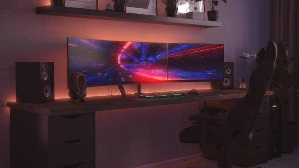 istock Games room with a cyber gamer computer. 3d render of neon lighting 1352901707
