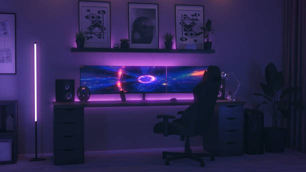 istock Games room with a cyber gamer computer. 3d render of neon lighting 1352901857