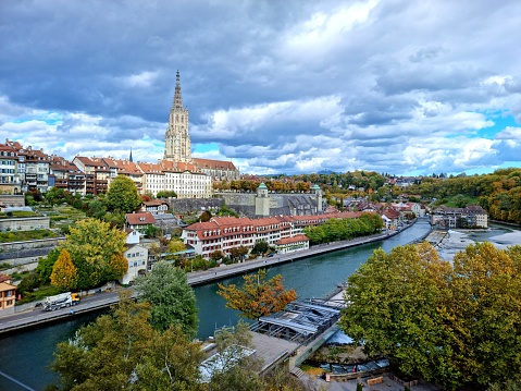 Bern with the Minster Church and the River Aare. The image was captured during autumn season.