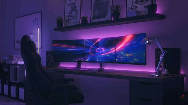 istock Games room with a cyber gamer computer. 3d render of neon lighting 1352901969