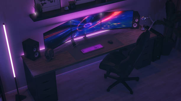 istock Games room with a cyber gamer computer. 3d render of neon lighting 1352902028