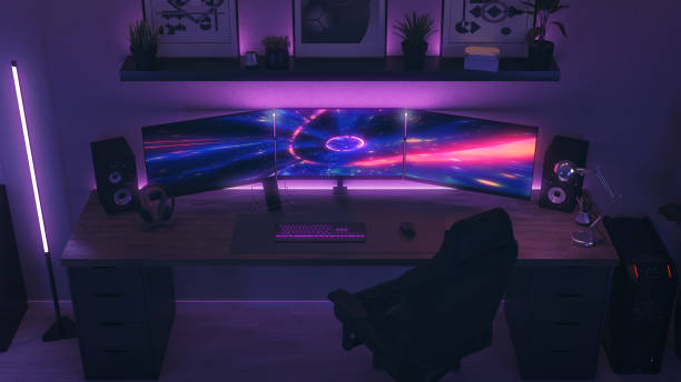 istock Games room with a cyber gamer computer. 3d render of neon lighting 1352902650