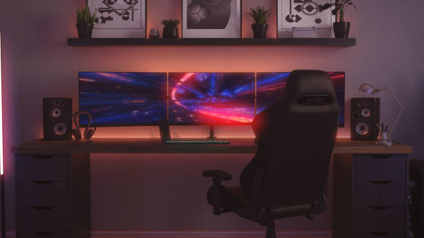 istock Games room with a cyber gamer computer. 3d render of neon lighting 1352902758