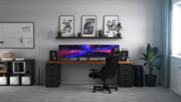 istock Games room with a cyber gamer computer. 3d render of neon lighting 1352903127
