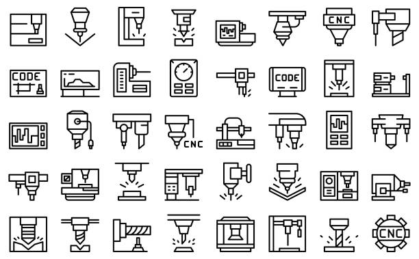 Cnc machine icons set outline vector. Mill controller Cnc machine icons set outline vector. Mill controller. Industrial tool cnc machine stock illustrations