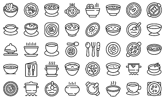 Cream soup icons set outline vector. Meal soup. Cream bowl