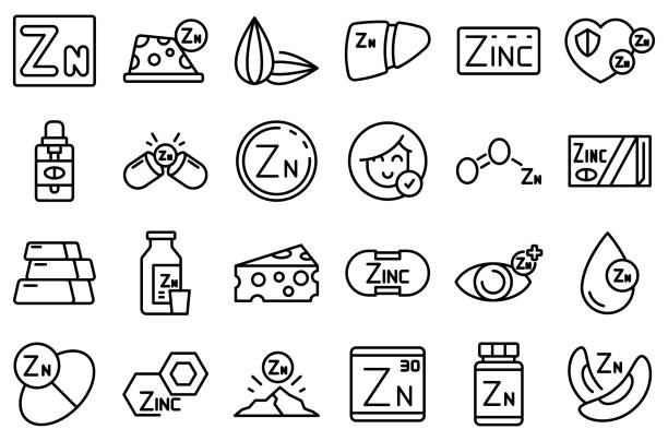 ilustraciones, imágenes clip art, dibujos animados e iconos de stock de los iconos de zinc establecen el vector de contorno. suplemento mineral - zinc