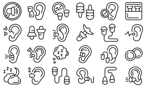 Earplugs icons set outline vector. Anti care device Earplugs icons set outline vector. Anti care device. Ear plug protection ear plug stock illustrations