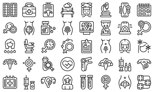 Menopause icons set outline vector. Female fertility Menopause icons set outline vector. Female fertility. Age cycle hormone stock illustrations