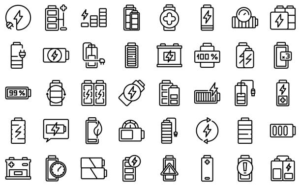Battery charge icons set outline vector. Electricity charge Battery charge icons set outline vector. Electricity charge. Charger energy battery storage stock illustrations
