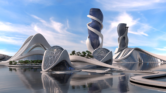 Futuristic city waterfront with organic architecture, with the clipping path included in the 3D illustration, for science fiction or fantasy backgrounds.