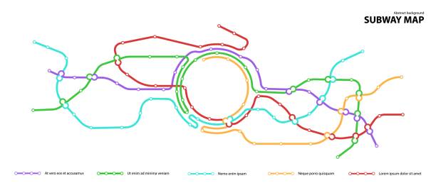 illustrazioni stock, clip art, cartoni animati e icone di tendenza di mappa della metropolitana. modello di schema di trasporto pubblico della città immaginaria per la strada di transizione sotterranea. modello di traffico astratto della metropolitana o dell'autobus con percorsi circolari di colore. illustrazione di carte v - london underground