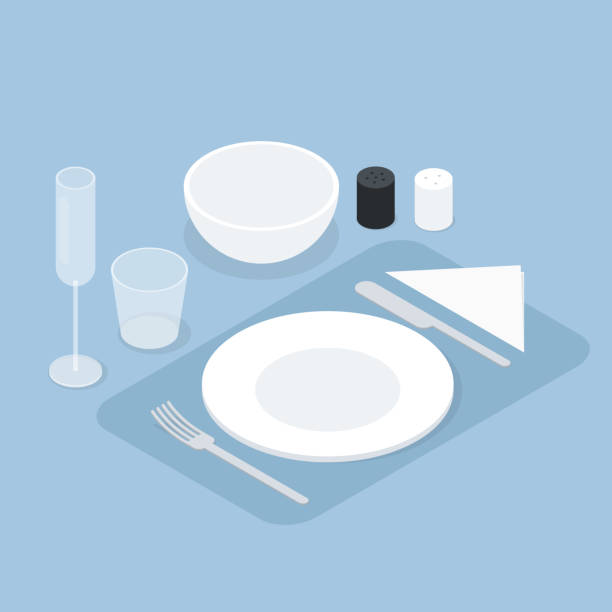ilustrações, clipart, desenhos animados e ícones de ilustração de configuração de tabela isométrica - fork place setting silverware plate