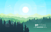 istock Vector landscape, sunrise scene in nature with mountains and forest, silhouettes of trees. Hiking tourism. Adventure. Minimalist graphic flyers. Polygonal flat design for coupons, vouchers, gift cards 1352910496