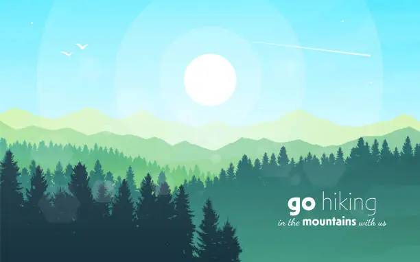 Vector illustration of Vector landscape, sunrise scene in nature with mountains and forest, silhouettes of trees. Hiking tourism. Adventure. Minimalist graphic flyers. Polygonal flat design for coupons, vouchers, gift cards