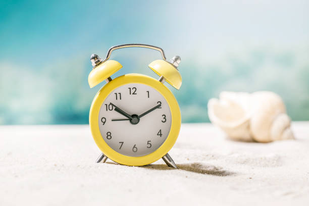 istock Summer sand sea beach with waves and alarm clock 1352913610