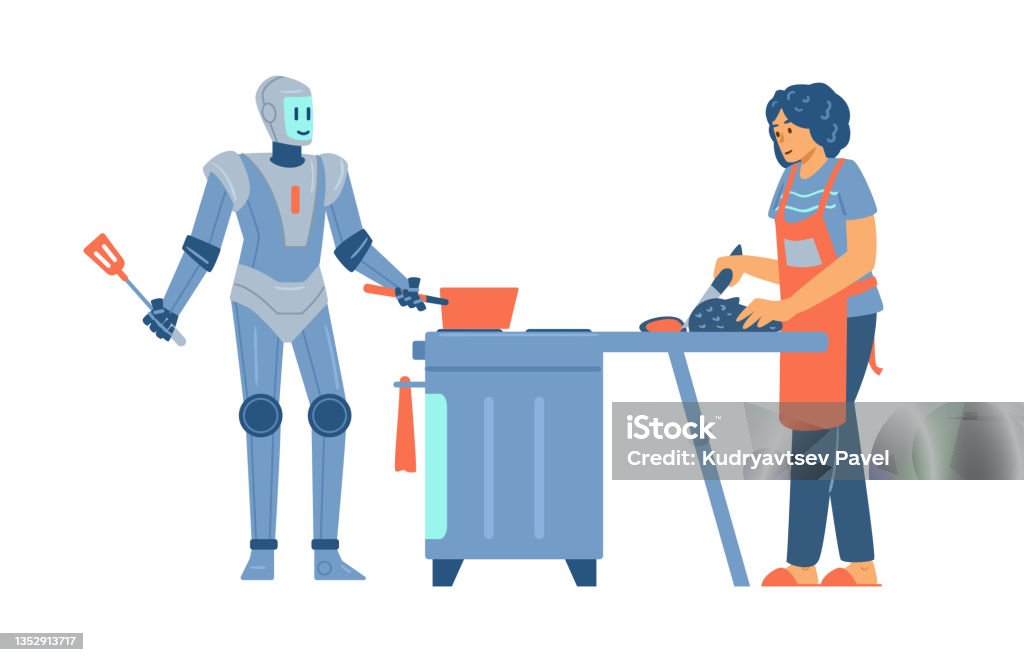 Futuristic Chef Transmigrated As Mother Vetores de Robô Chef Futurista Segura Panela E Ajuda A Mulher A