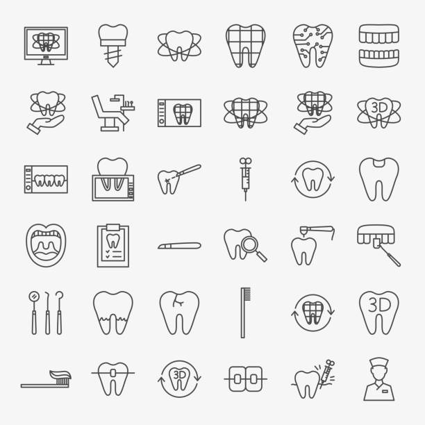 digital dentistry line icons set - human teeth dental equipment three dimensional shape technology stock-grafiken, -clipart, -cartoons und -symbole