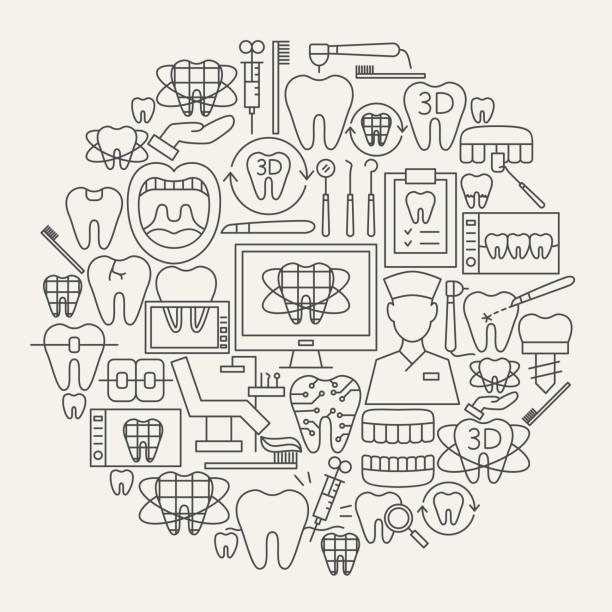 digital dentistry line icons circle - human teeth dental equipment three dimensional shape technology stock-grafiken, -clipart, -cartoons und -symbole