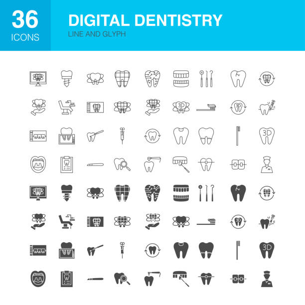 digital dentistry line web glyph icons - human teeth dental equipment three dimensional shape technology stock-grafiken, -clipart, -cartoons und -symbole