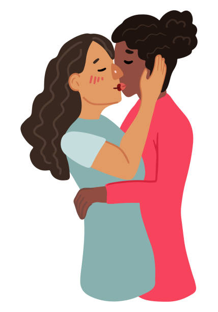 illustrations, cliparts, dessins animés et icônes de couple lgbt, un amour de genre. couple de lesbiennes, deux filles amoureuses, s’embrassant. illustration vectorielle dessinée à la main. personnages de style dessin animé isolés sur fond blanc. clip art pour la conception, l’affiche, la carte. - lesbian homosexual kissing homosexual couple