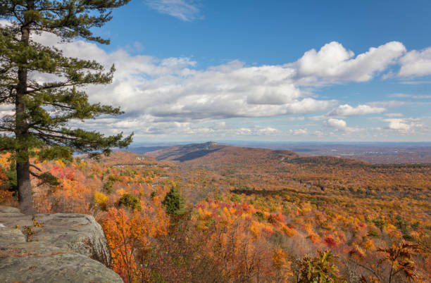 View of Catskills and Mohonk Preserve in Minnewaska State Park in the on a brilliant fall day stock photo