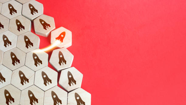 istock Rocket takes off first among others. Successful business startup with promising technology. Innovation, breaking new ground. Best idea. Highly profitable investment. Achieve success. Business unicorn. 1352917638
