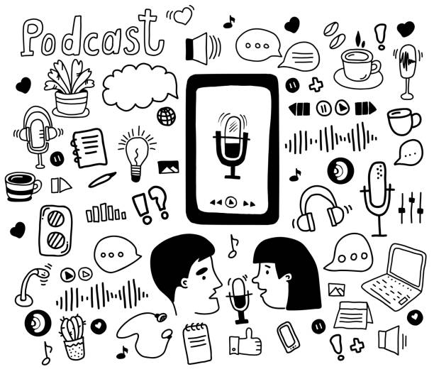 Podcast sketch concept. Podcaster man and woman recording and speaking into microphone. Big Set of Vector Illustrations in Hand Drawn Doodle Style. Linear elements of podcast. Isolated elements Podcast sketch concept. Podcaster man and woman recording and speaking into microphone. Big Set of Vector Illustrations in Hand Drawn Doodle Style. Linear elements of podcast icons teenager doodle stock illustrations