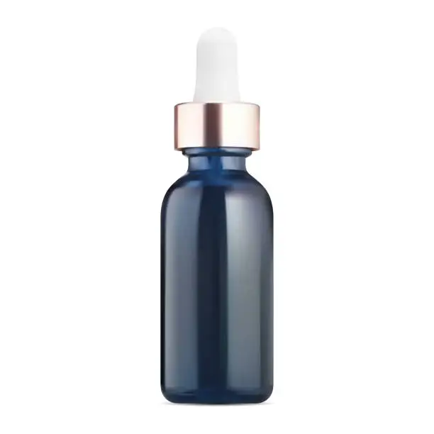 Vector illustration of Dropper bottle. Blue glass cosmetic serum bottle