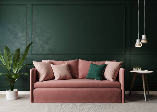 istock Home interior mock-up with pink sofa, table and decor in green living room, 3d rendering 1352919993