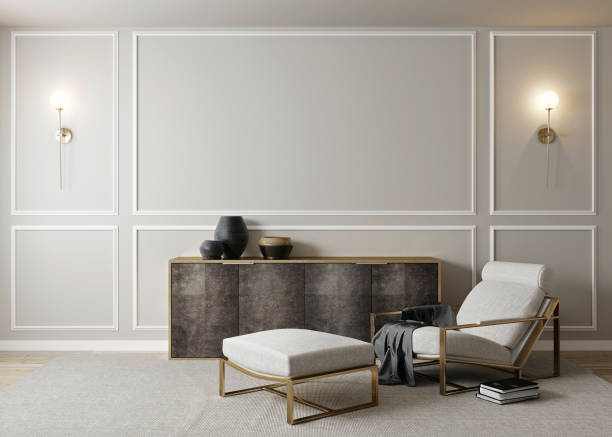 istock Modern interior, natural pastel colors room background with poster mock up, 3d rendering 1352920004