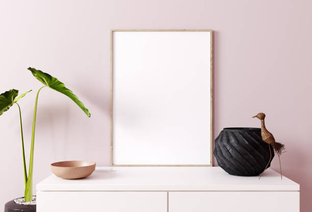 istock Poster mock up with decor close up, Pink wall background. Scandinavian style. 3d rendering 1352920008