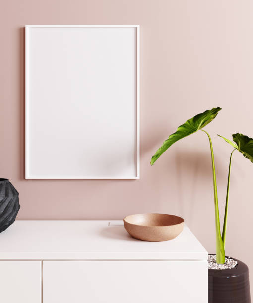 istock Poster mock up with decor close up, Pink wall background. Scandinavian style. 3d rendering 1352920020
