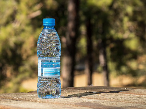 Plastic bottle of water on wooden table in the forest