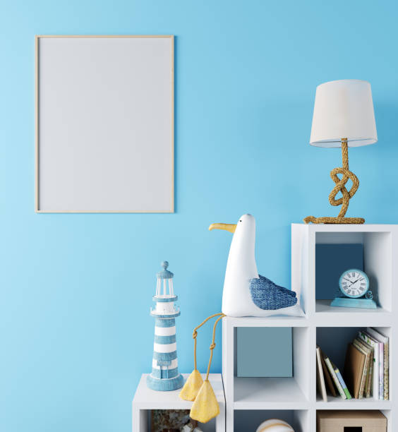 istock mock up poster frame in children room, Scandinavian style interior background with blue wall, 3D rendering, 3D illustration 1352923751