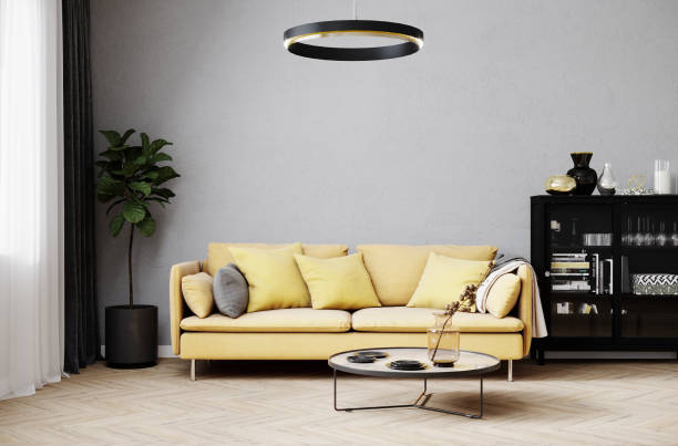 istock Modern room interior background with white wall and stylish yellow sofa and design coffee table, elegant, luxury, living room interior mock up, 3d rendering 1352923778