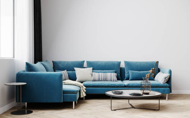 istock Hipster style interior background, living room with blue sofa, 3D render 1352923782