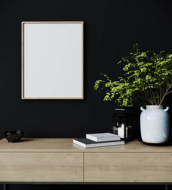 istock Mockup poster frame in modern black interior background, Scandinavian style, 3D render, 3D illustration 1352923790