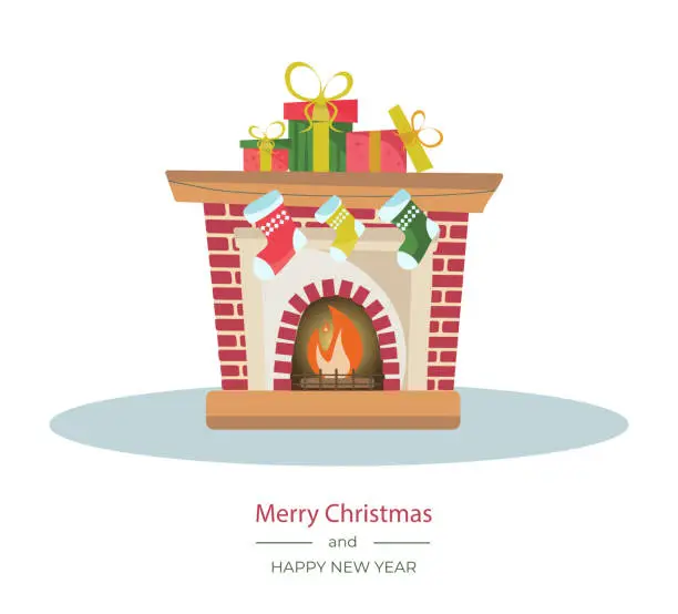 Vector illustration of Christmas fireplace with gifts.
