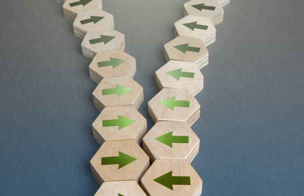 istock Arrow chains reunited into one. Integration acquisition. Consolidation, cooperation, organization. Synchronization of processes in business production. Merge. Pooling efforts, concentration resources. 1352927602